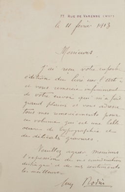 (Item #1619) Autograph Letter Signed (ALS) thanking the publishers for sending an art book. Auguste Rodin.