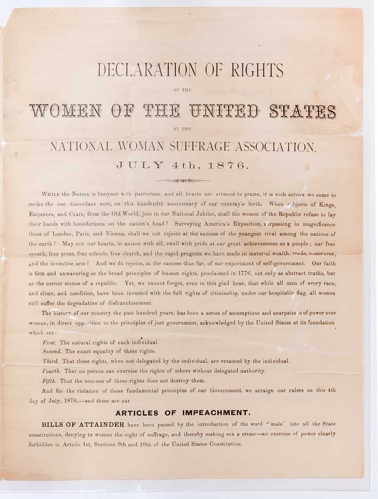 (Item #1942) Declaration of Rights of the Women of the United States by the National Woman Suffrage Association. Susan B. Anthony, Elizabeth Cady Stanton, Lucretia Mott.