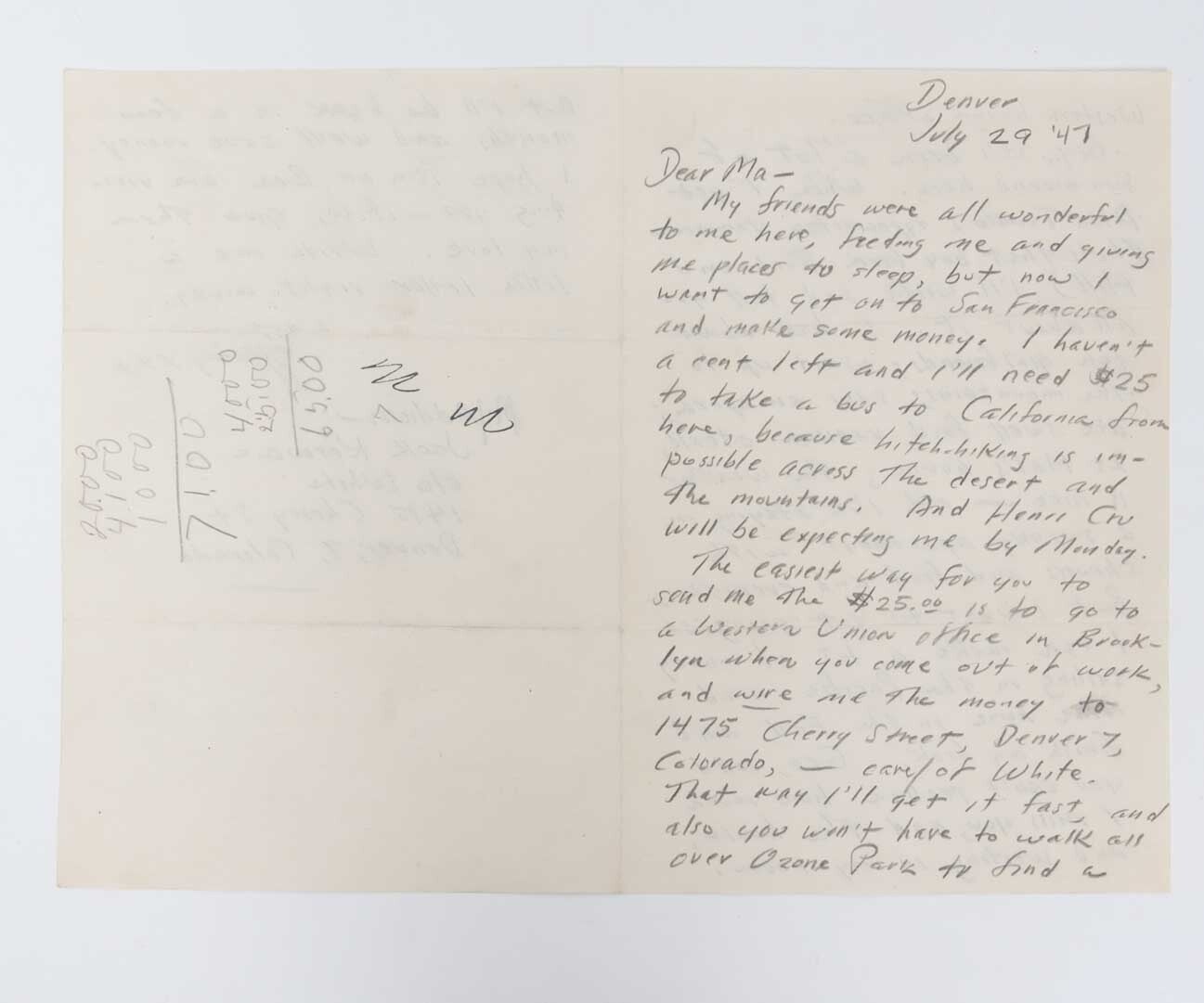(Item #2165) Autograph Letter Signed (ALS) to his Mother, Gabrielle Kerouac - On the Road. Jack Kerouac.