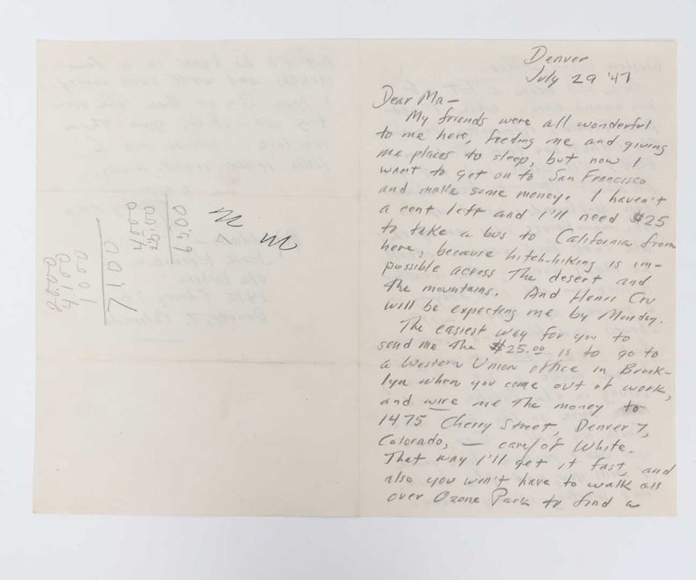 Item #2165) Autograph Letter Signed (ALS) to his Mother, Gabrielle Kerouac - On the Road. Jack...
