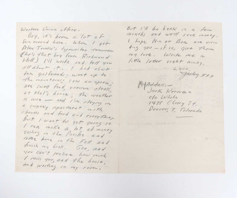 Autograph Letter Signed (ALS) to his Mother, Gabrielle Kerouac - On the Road