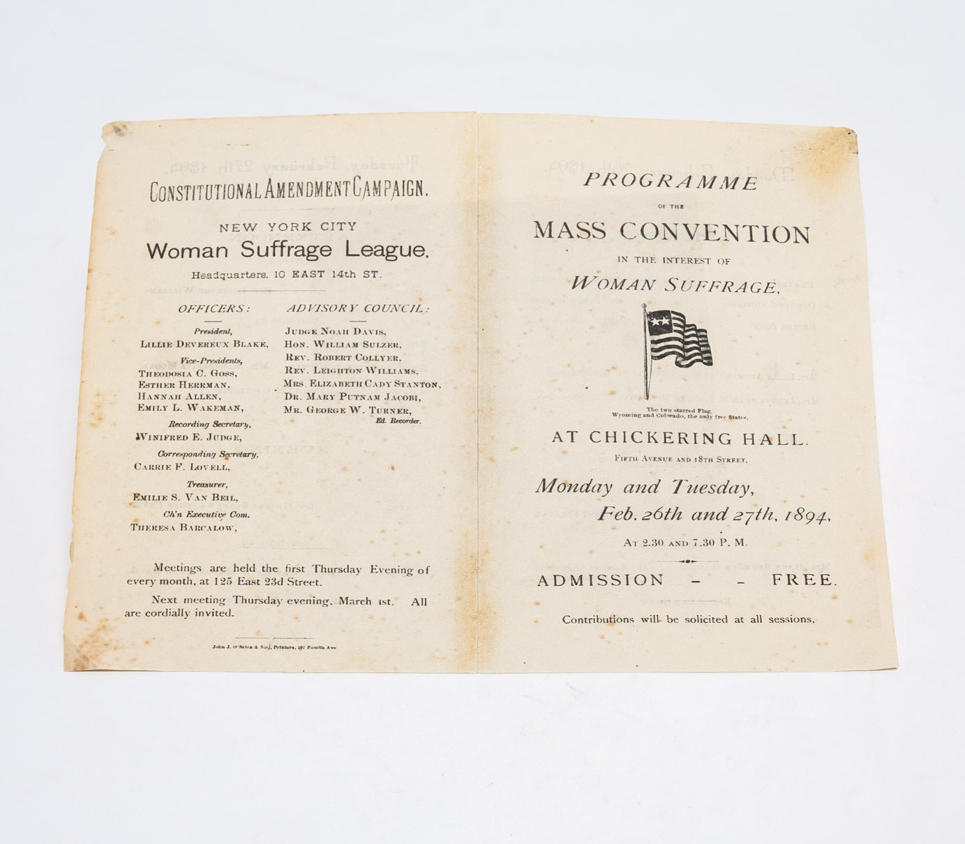 (Item #2531) Programme of the Mass Convention in the Interest of Woman Suffrage. New York City Suffrage League.
