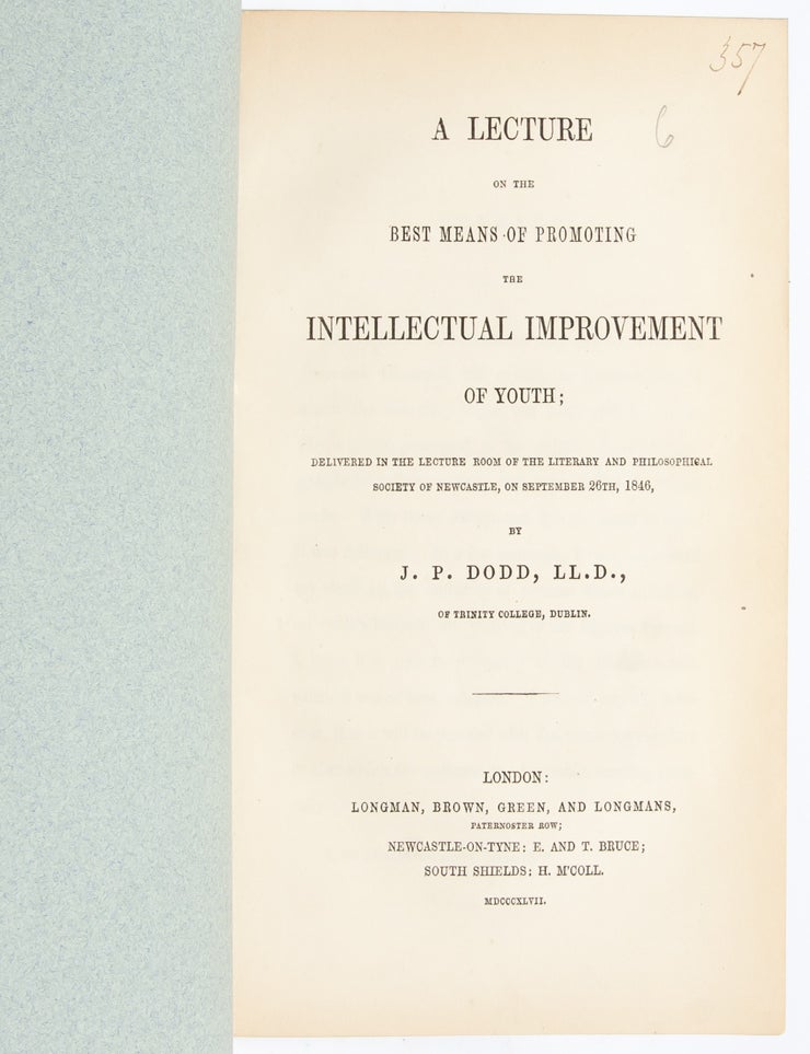 Item #2598) A Lecture on the Best Means of Promoting the Intellectual Improvement of Youth. J. P....
