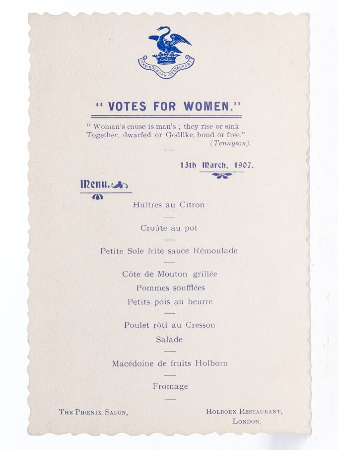 (Item #2904) "Votes for Women" Menu. WSPU, Woman Suffrage.