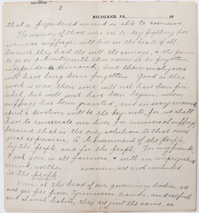 Handwritten suffrage speech from Pennsylvania's Justice Bell tour and the push for amendment ratification