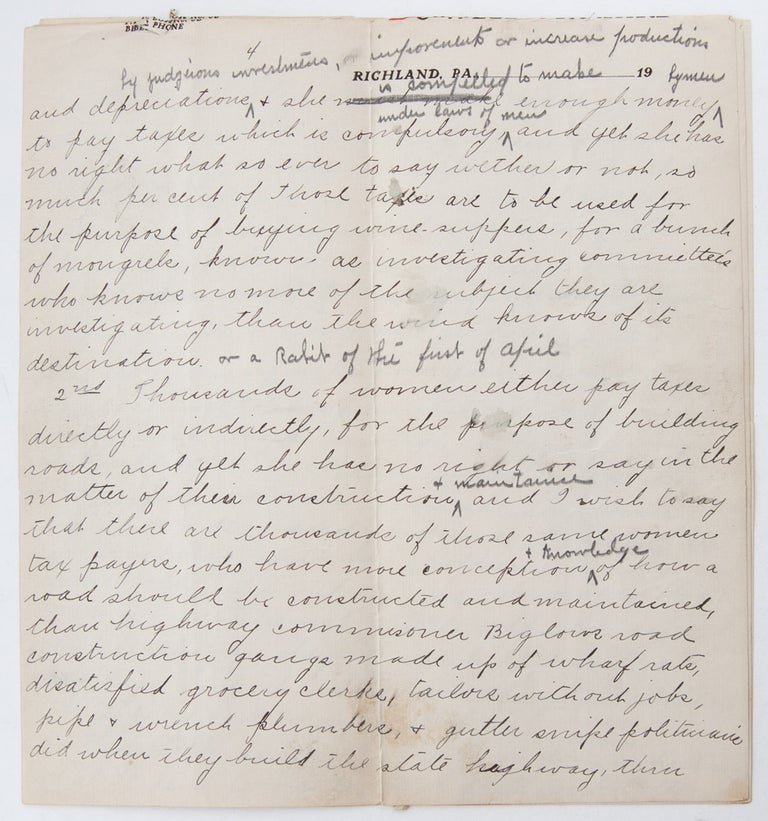 Handwritten suffrage speech from Pennsylvania's Justice Bell tour and the push for amendment ratification