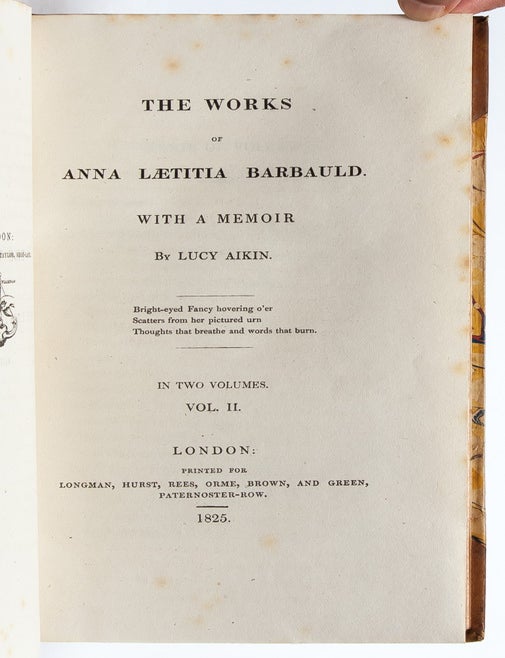 The Works of Anna Laetitia Barbauld with a Memoir (in 2 vols.)