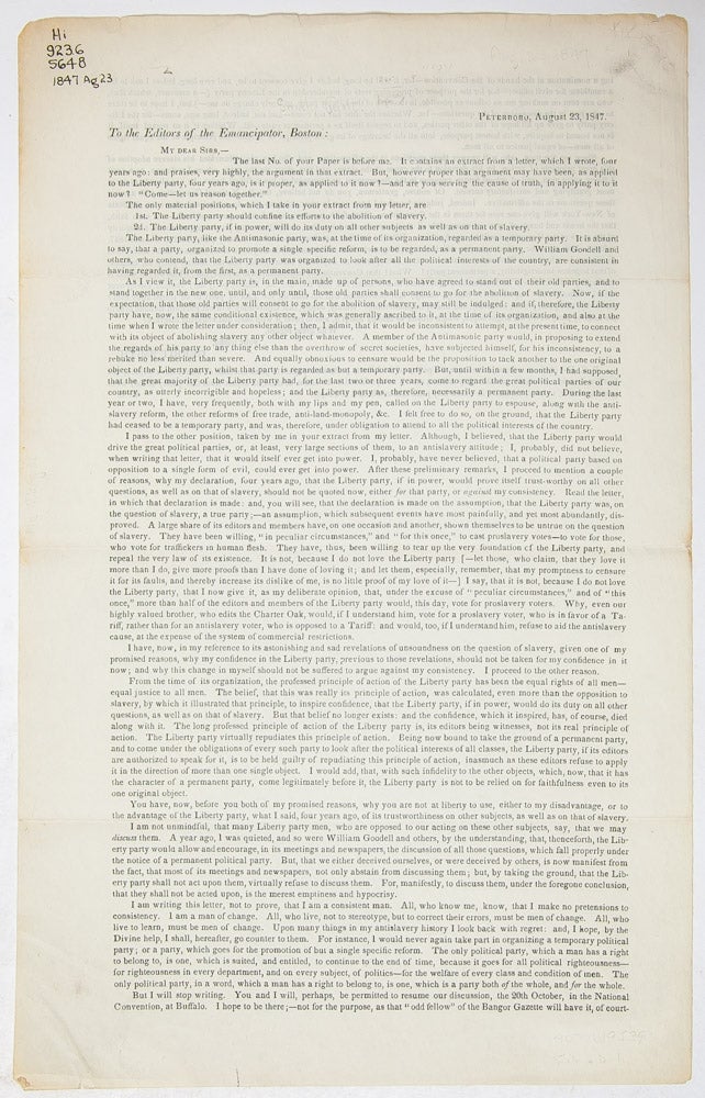 Item #4998) To the Editors of The Emancipator, Boston. Gerrit Smith