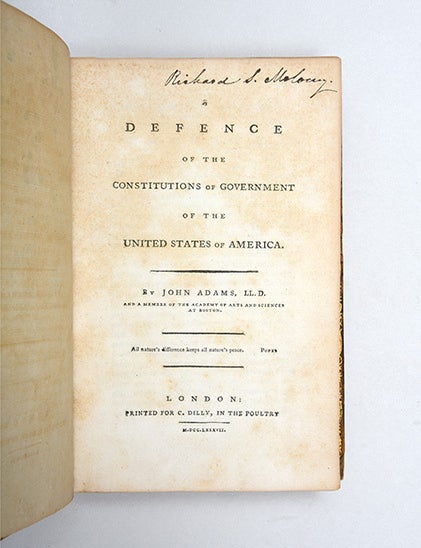 A Defence of the Constitutions of Government of the United States of America (Presentation copy)