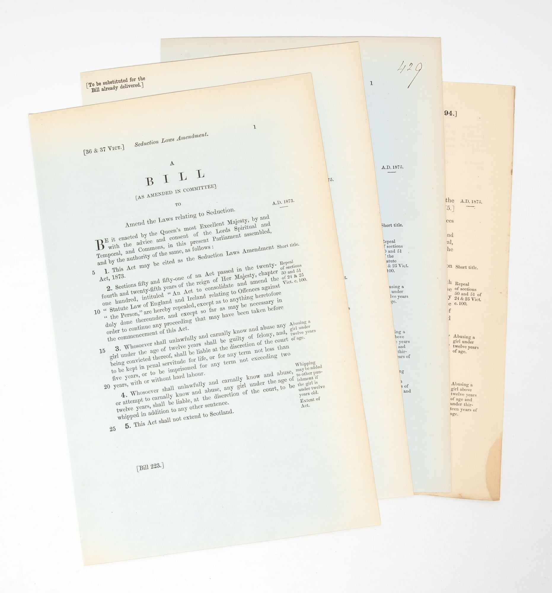 (Item #5374) Collection of 11 Bills and Acts Documenting the Legal Development of Sexual Consent and Associated Protections Against Assault Across Half a Century. Consent, Assault.