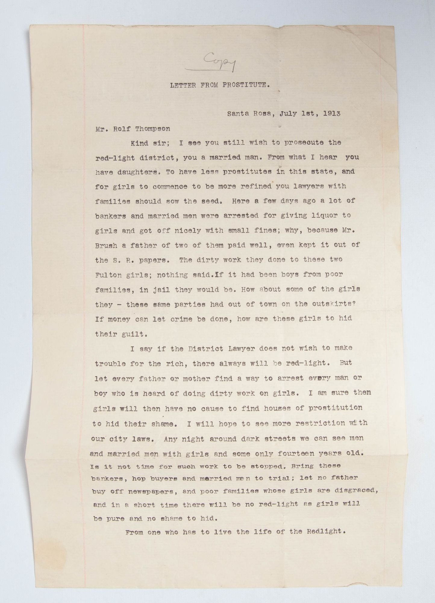 (Item #5418) Typed Letter regarding the injustice of prosecuting women in the sex trade. Sex Work, One who has to live the life of the Redlight, Social Justice, Women's Employment.