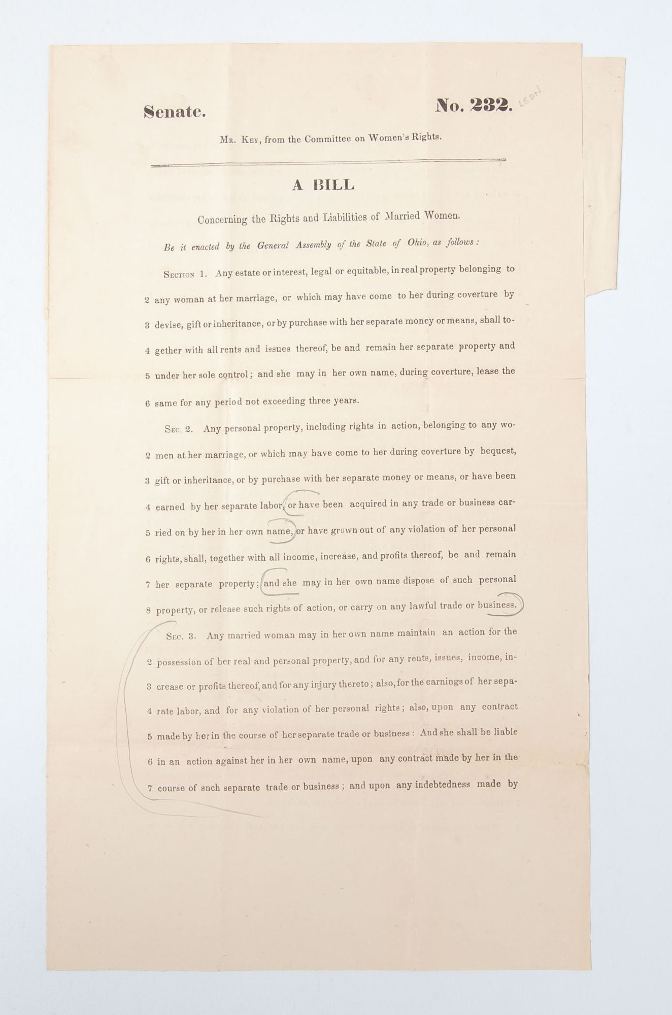 (Item #5555) A Bill Concerning the Rights and Liabilities of Married Women. Women's Property Rights, Hannah Cutler, Frances Gage, Elizabeth Jones.