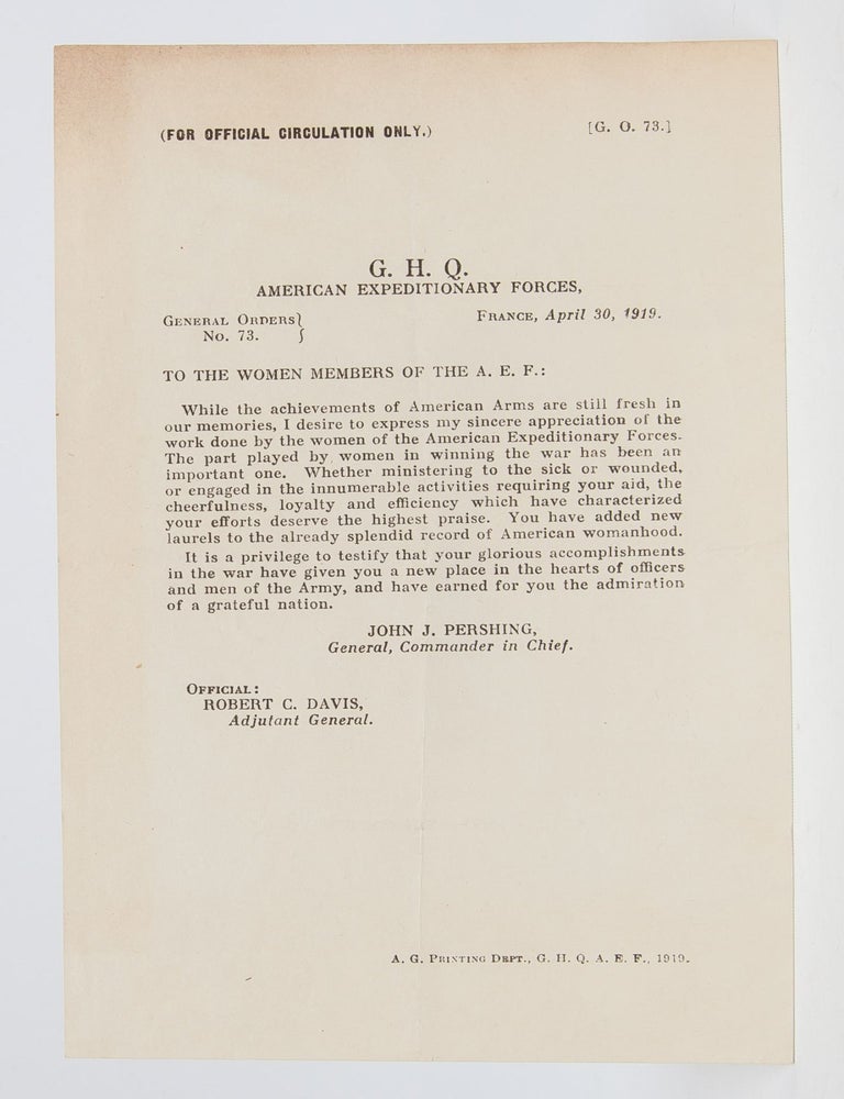 Item #5562) G.H.Q. American Expeditionary Forces. General Orders No. 73. Women in the Military,...