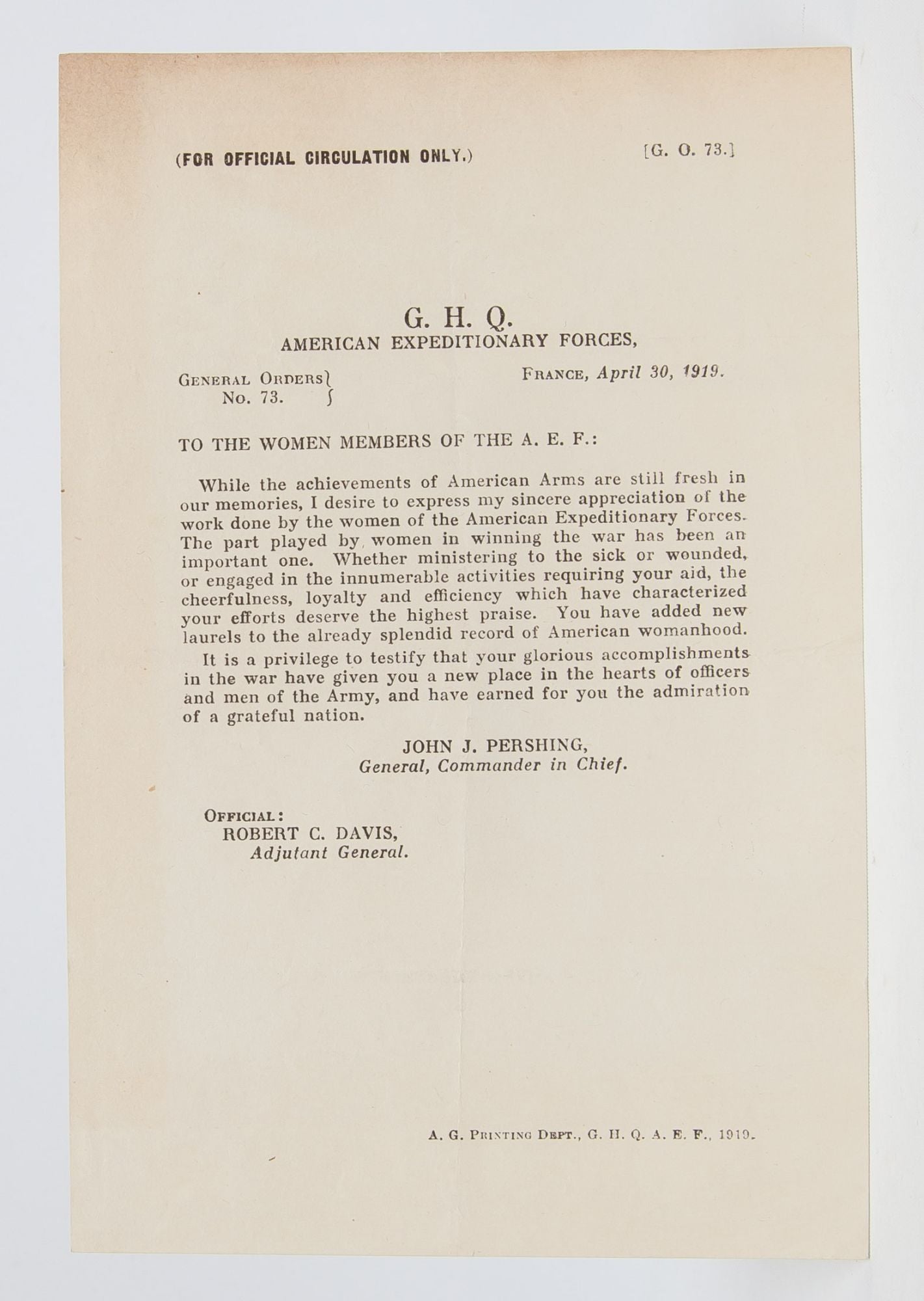 (Item #5562) G.H.Q. American Expeditionary Forces. General Orders No. 73. Women in the Military, John Pershing.