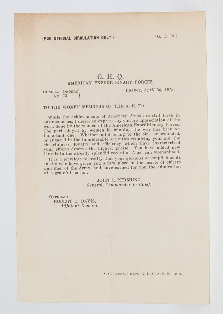 G.H.Q. American Expeditionary Forces. General Orders No. 73. Women in the Military, John Pershing.