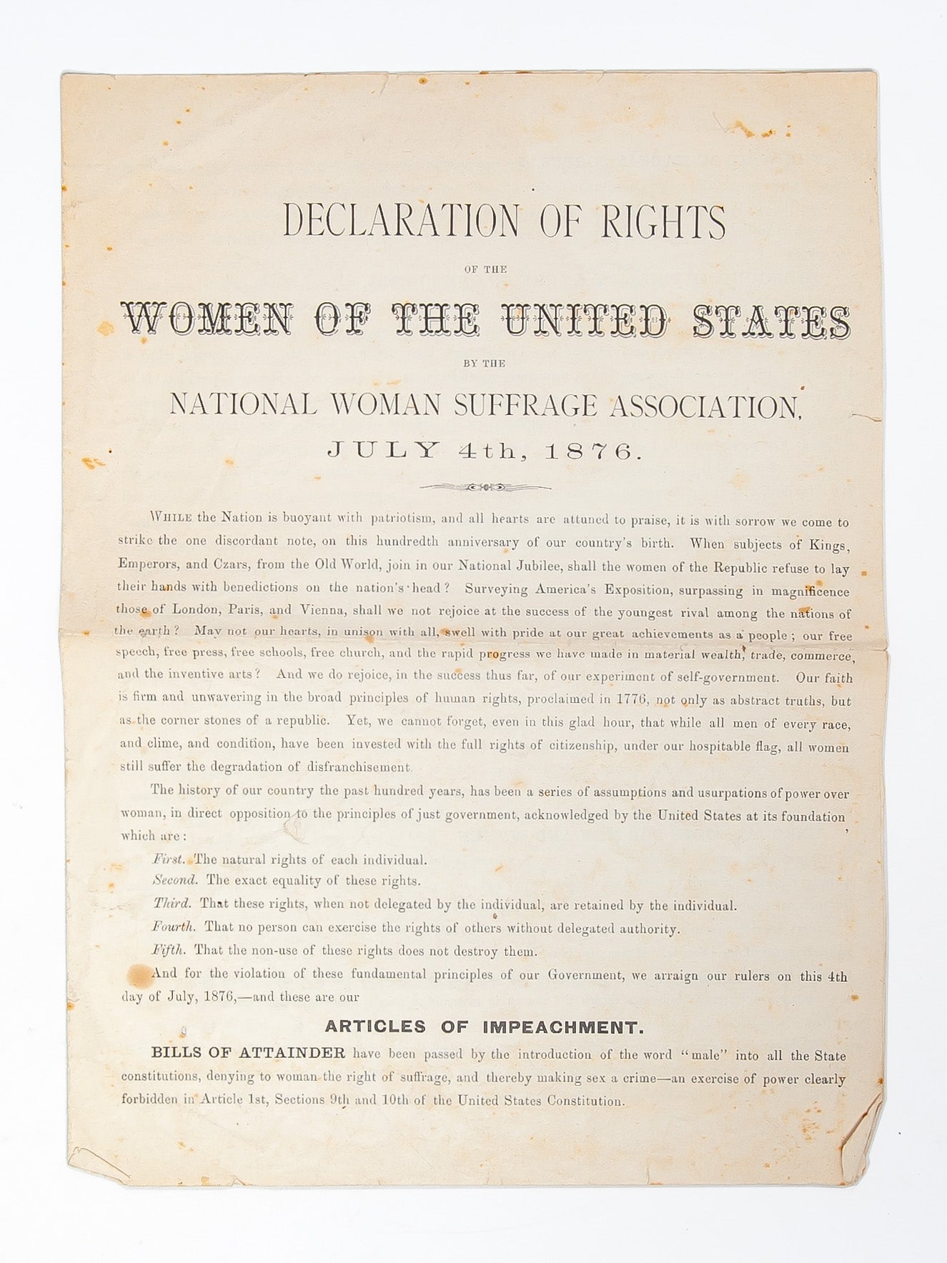 (Item #5927) Declaration of Rights of the Women of the United States by the National Woman Suffrage Association. Susan B. Anthony, Elizabeth Cady Stanton, Lucretia Mott.