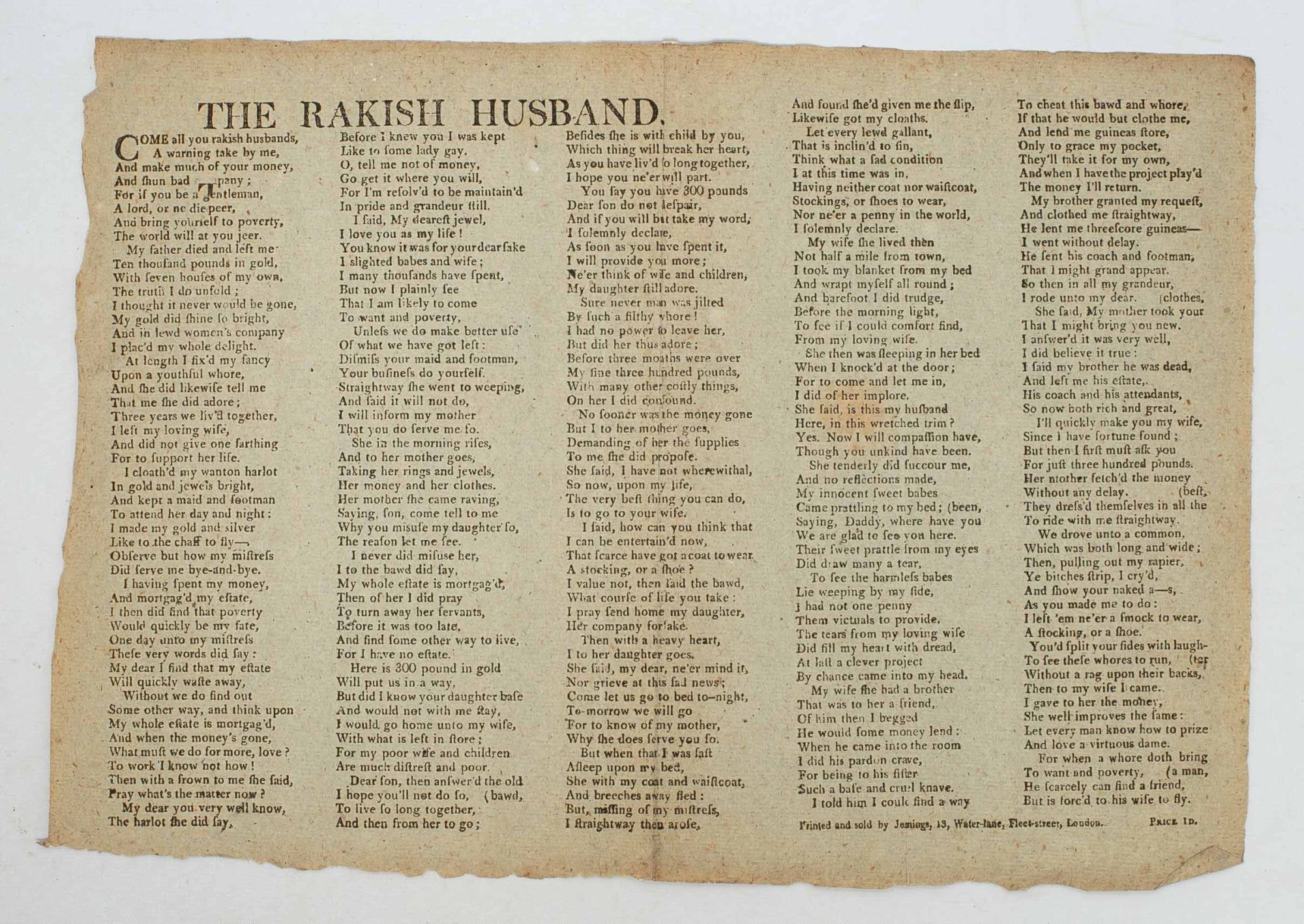 The Rakish Husband | Bawdy Broadside, Sex Work, Marriage | Early edition