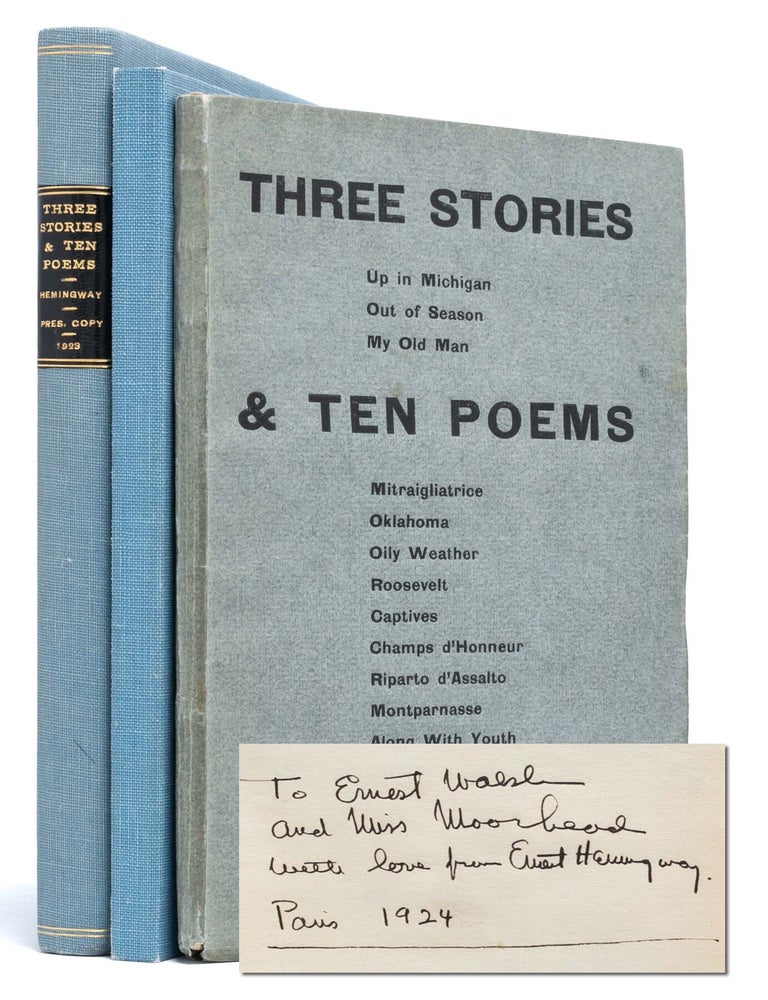 Item #6526) Three Stories and Ten Poems (Presentation copy). Ernest Hemingway