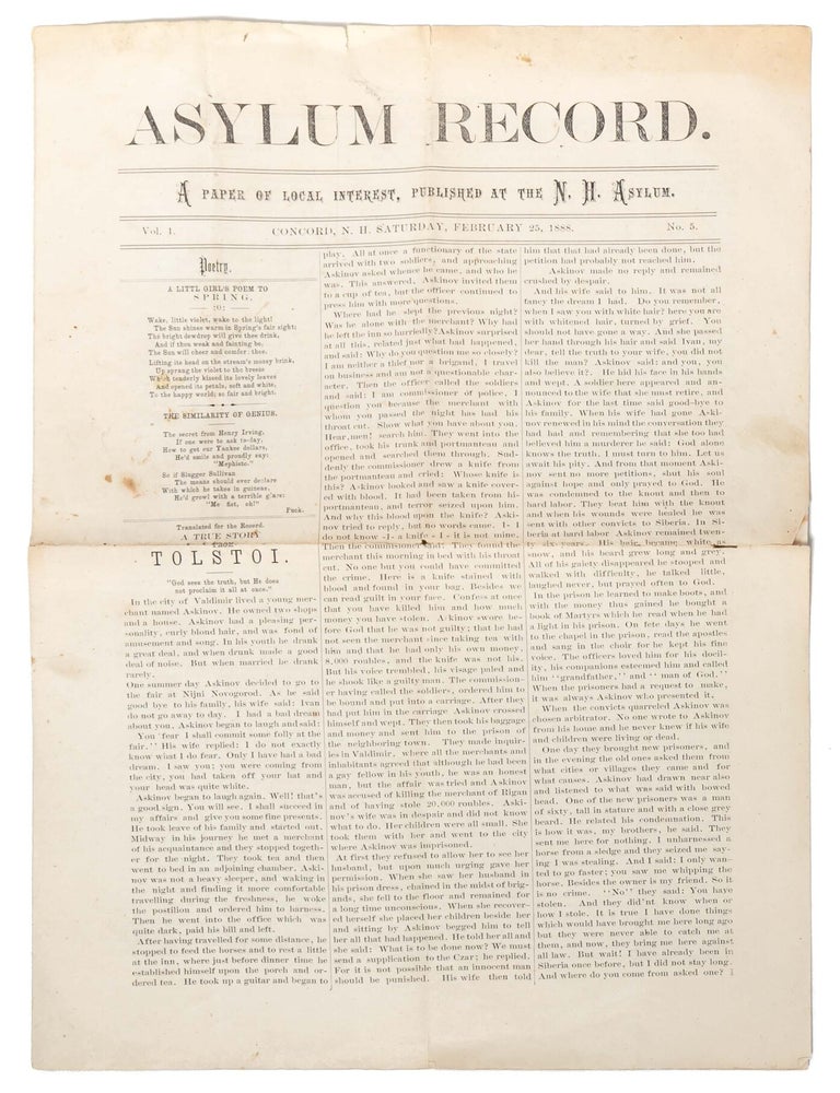 Item #7709) Asylum Record. A Paper of Local Interest Published at the N.H. Asylum. Vol. 1. No. 5....