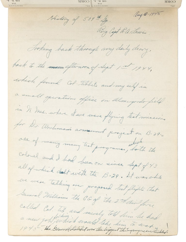 In-flight autograph record of the bombing of Hiroshima, written by the co-pilot of the 'Enola Gay'