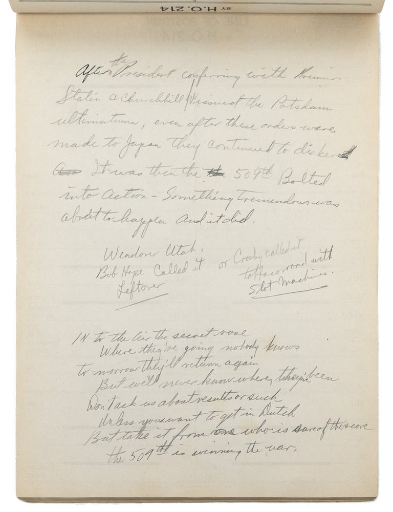 In-flight autograph record of the bombing of Hiroshima, written by the co-pilot of the 'Enola Gay'