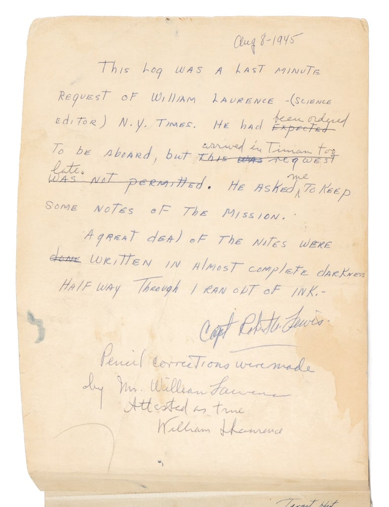In-flight autograph record of the bombing of Hiroshima, written by the co-pilot of the 'Enola Gay'