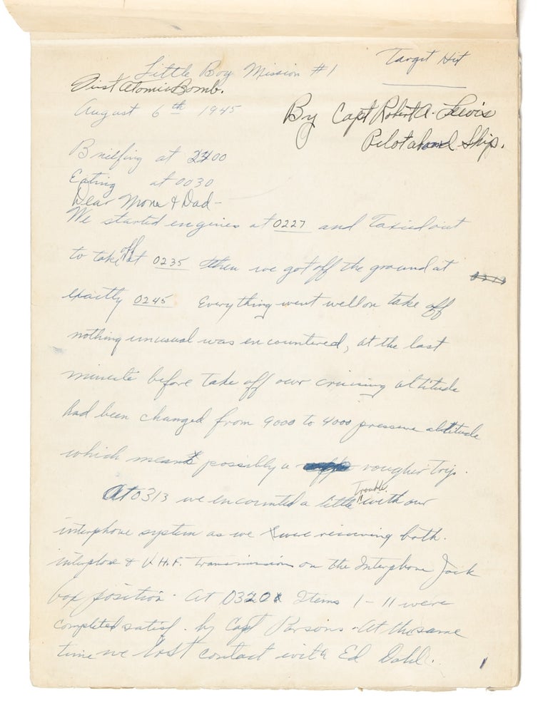 In-flight autograph record of the bombing of Hiroshima, written by the co-pilot of the 'Enola Gay'