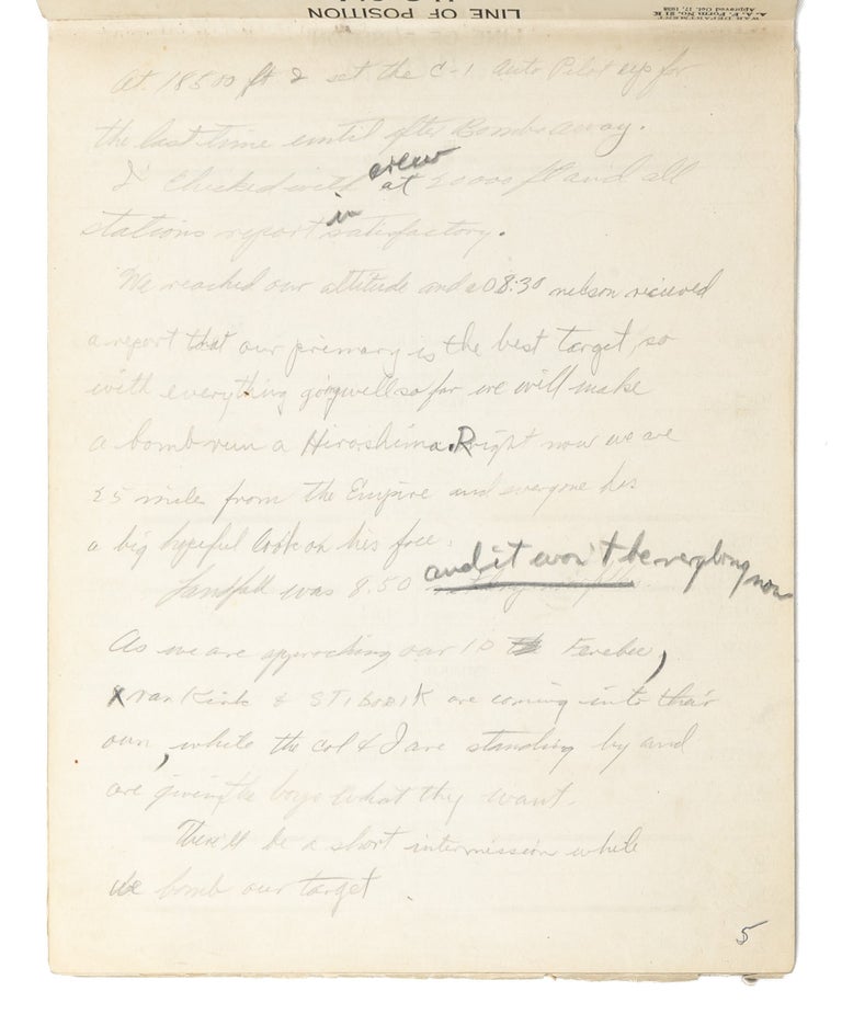 In-flight autograph record of the bombing of Hiroshima, written by the co-pilot of the 'Enola Gay'