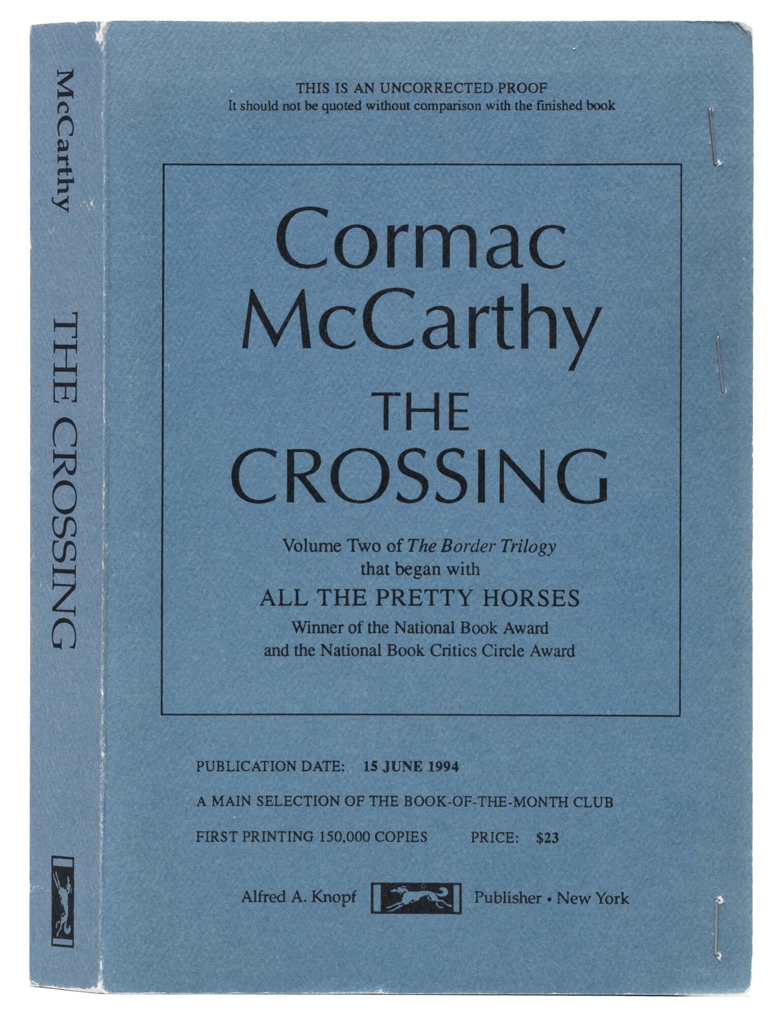 (Item #8162) The Crossing (Uncorrected proof). Cormac McCarthy.