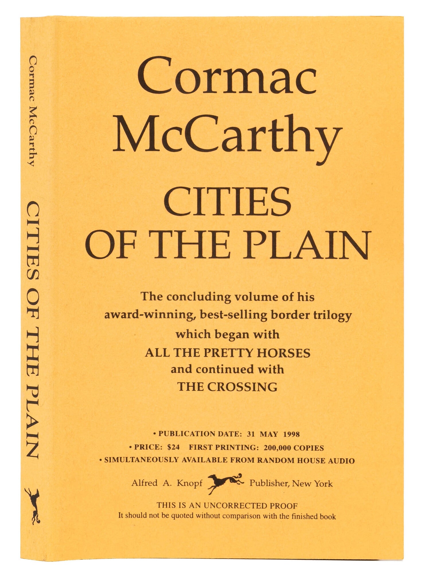 (Item #8163) Cities of the Plain (Uncorrected proof). Cormac McCarthy.