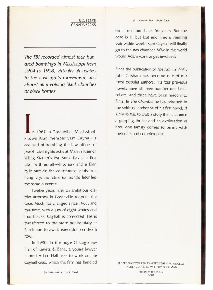 The Chamber (Presentation copy to Grisham's literary agent)